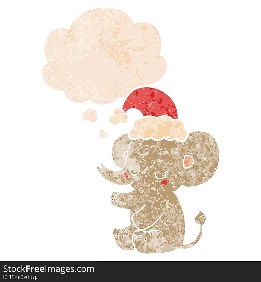 cute christmas elephant and thought bubble in retro textured style