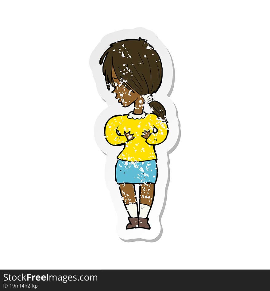 retro distressed sticker of a cartoon shy woman