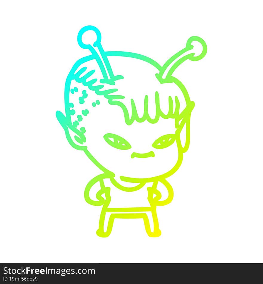 cold gradient line drawing of a cute cartoon alien girl