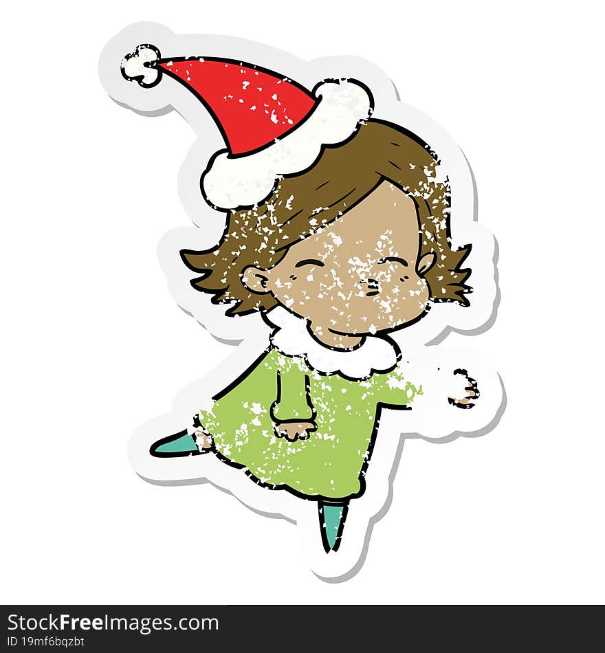 hand drawn distressed sticker cartoon of a woman wearing santa hat