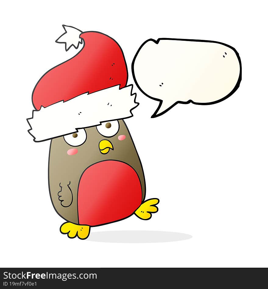 Speech Bubble Cartoon Christmas Robin Wearing Santa Hat