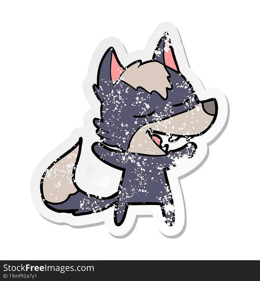 distressed sticker of a cartoon wolf laughing