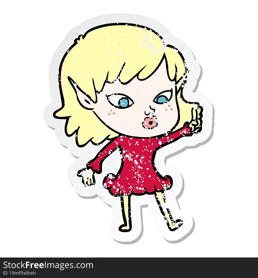 distressed sticker of a pretty cartoon elf girl