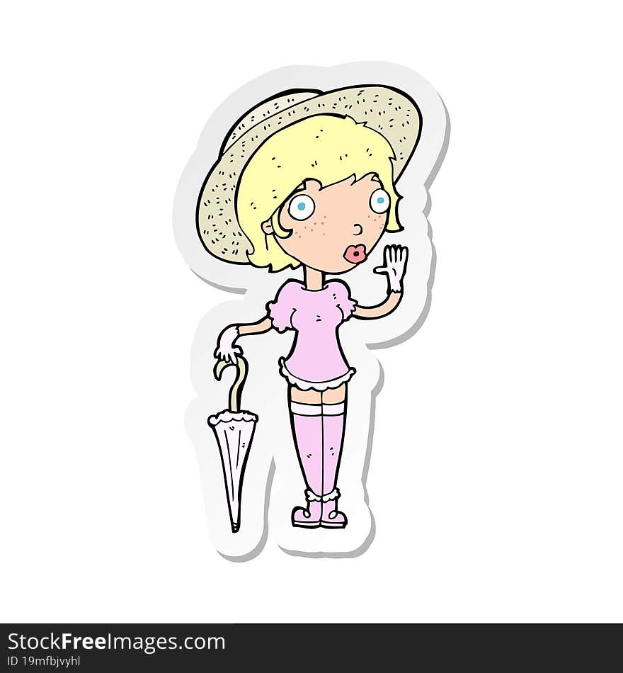 sticker of a cartoon woman in summer hat waving