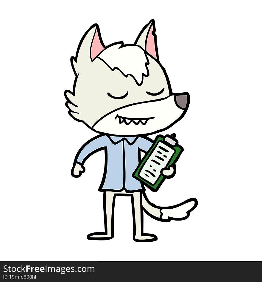 friendly cartoon wolf with notes. friendly cartoon wolf with notes