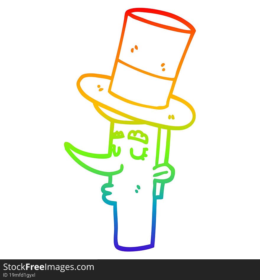 rainbow gradient line drawing cartoon man wearing top hat