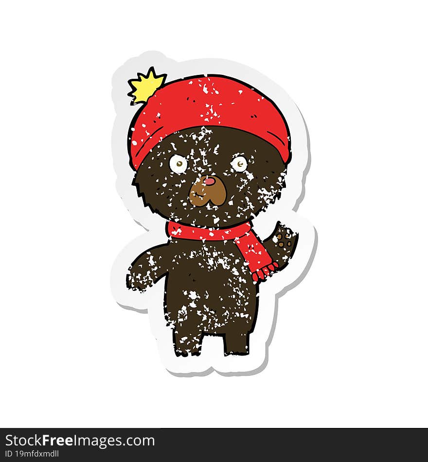 retro distressed sticker of a cartoon waving black bear