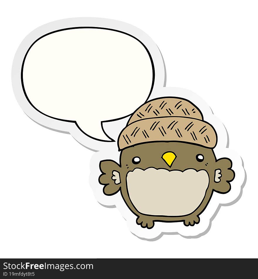 cute cartoon owl in hat and speech bubble sticker