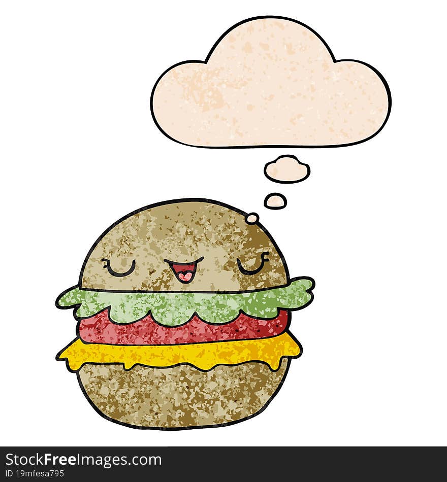 cartoon burger and thought bubble in grunge texture pattern style