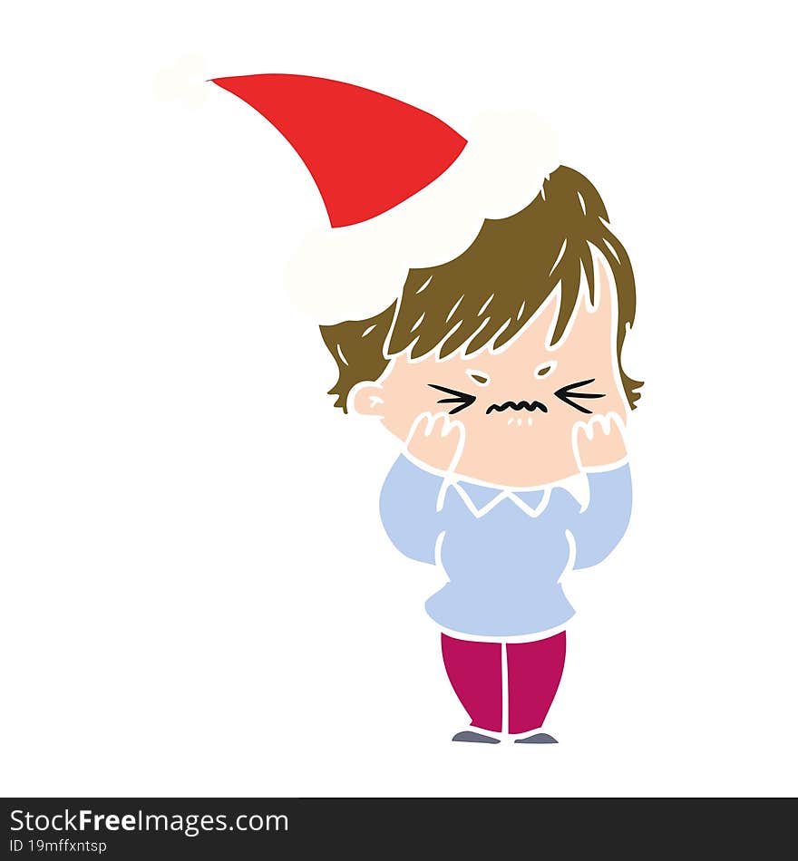 flat color illustration of a frustrated woman wearing santa hat