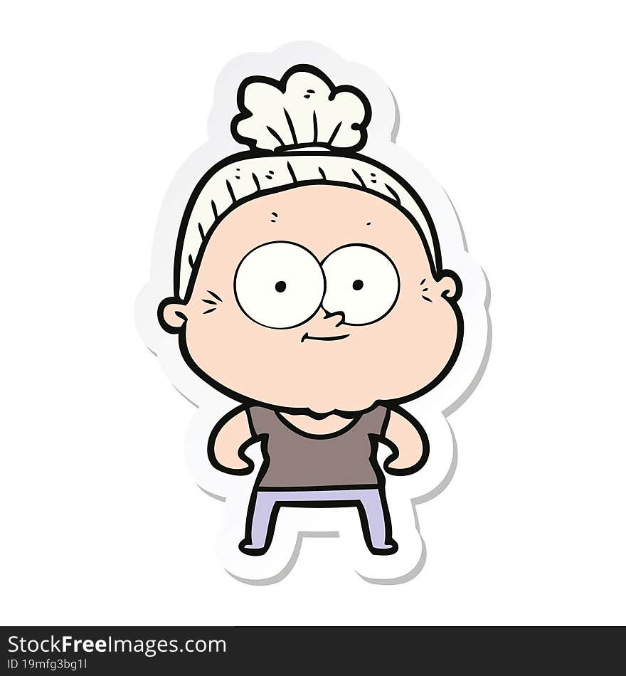 sticker of a cartoon happy old woman