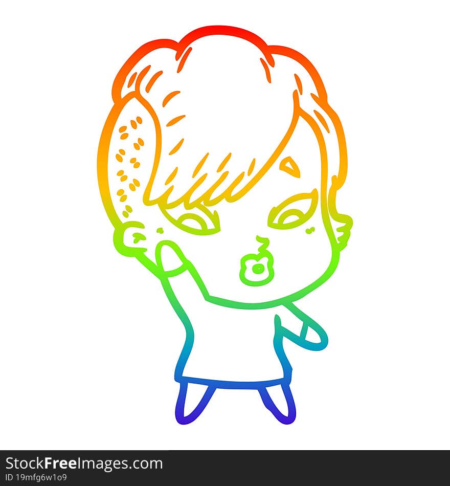 Rainbow Gradient Line Drawing Cartoon Surprised Girl