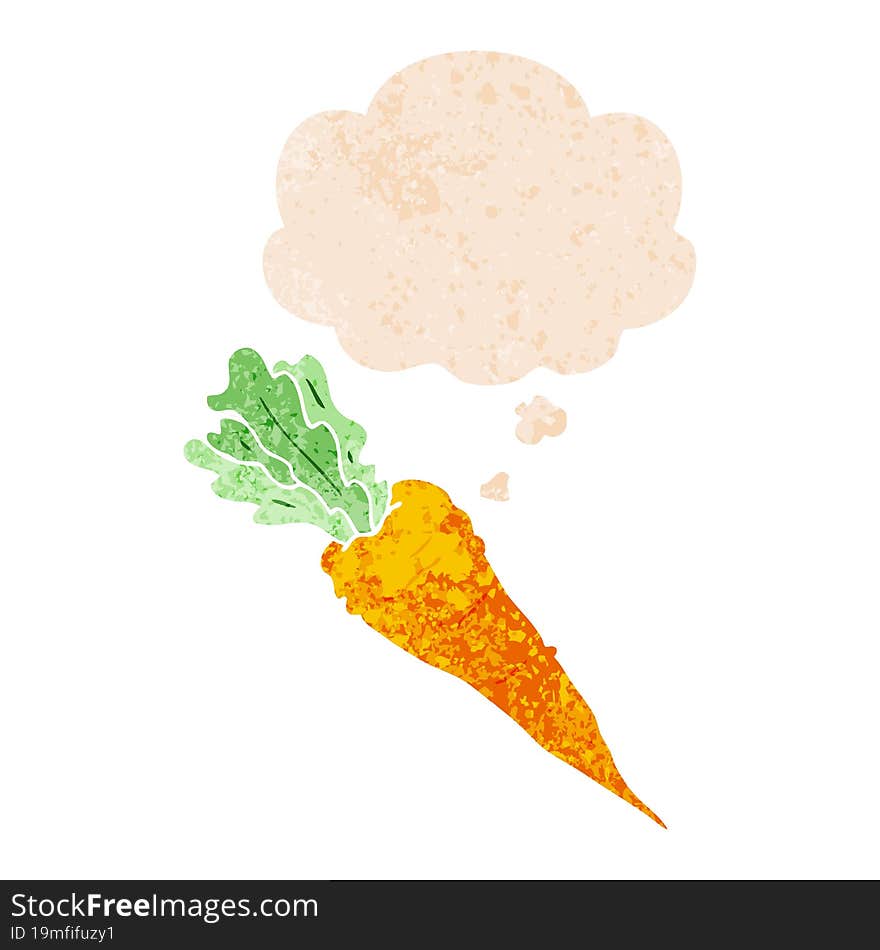 cartoon carrot and thought bubble in retro textured style