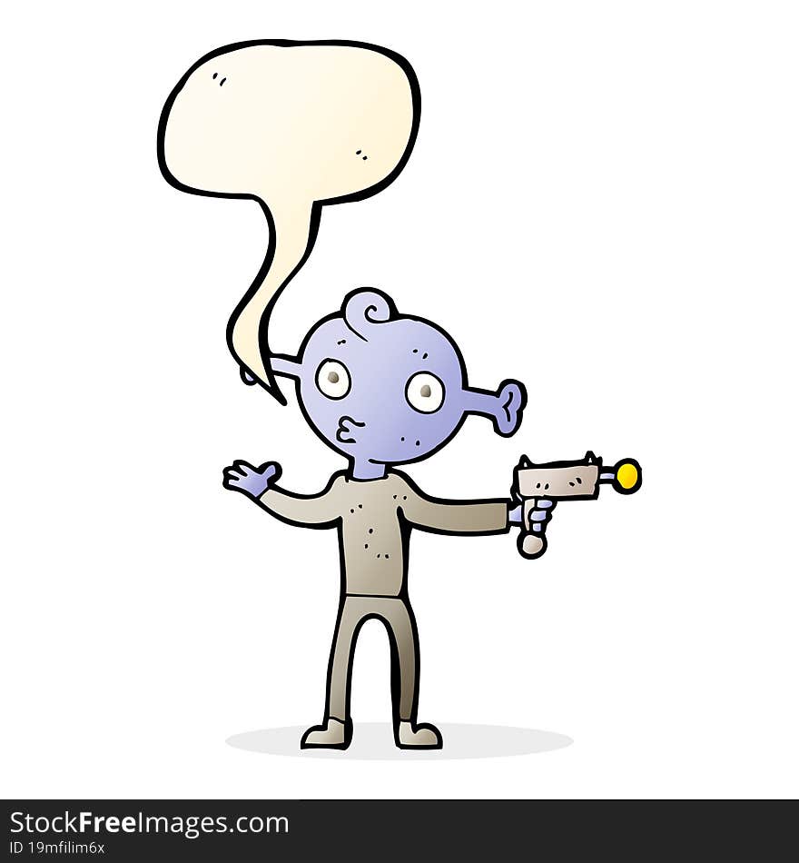 cartoon alien with ray gun with speech bubble