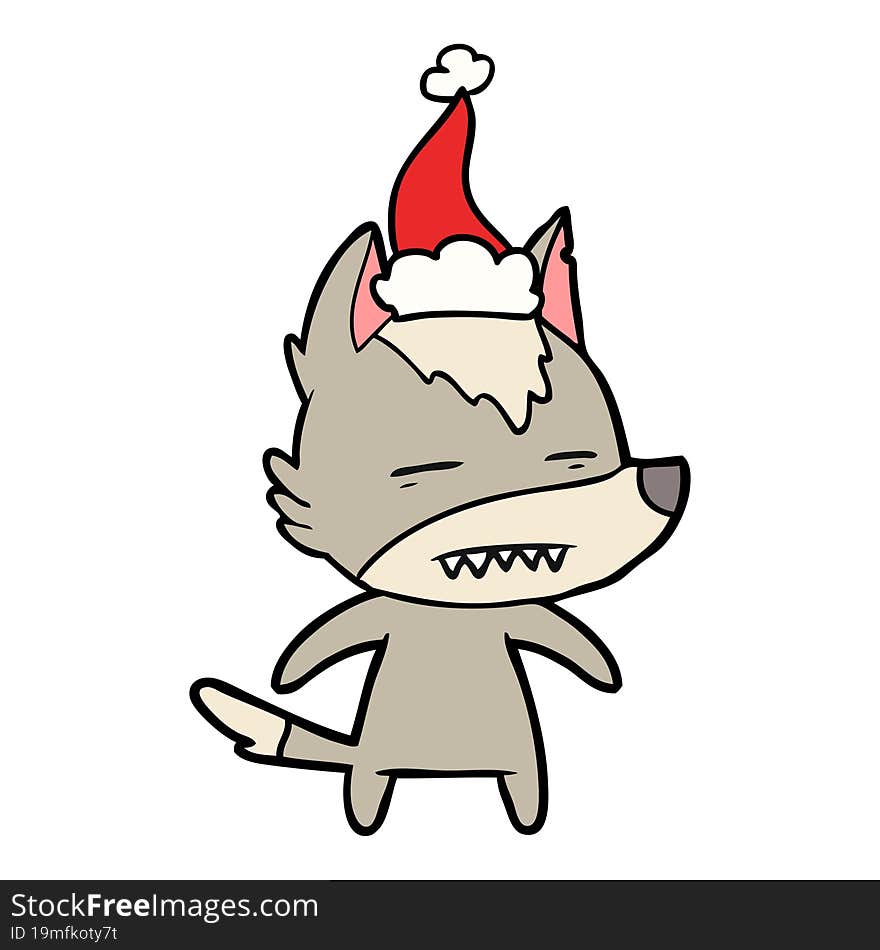 hand drawn line drawing of a wolf showing teeth wearing santa hat