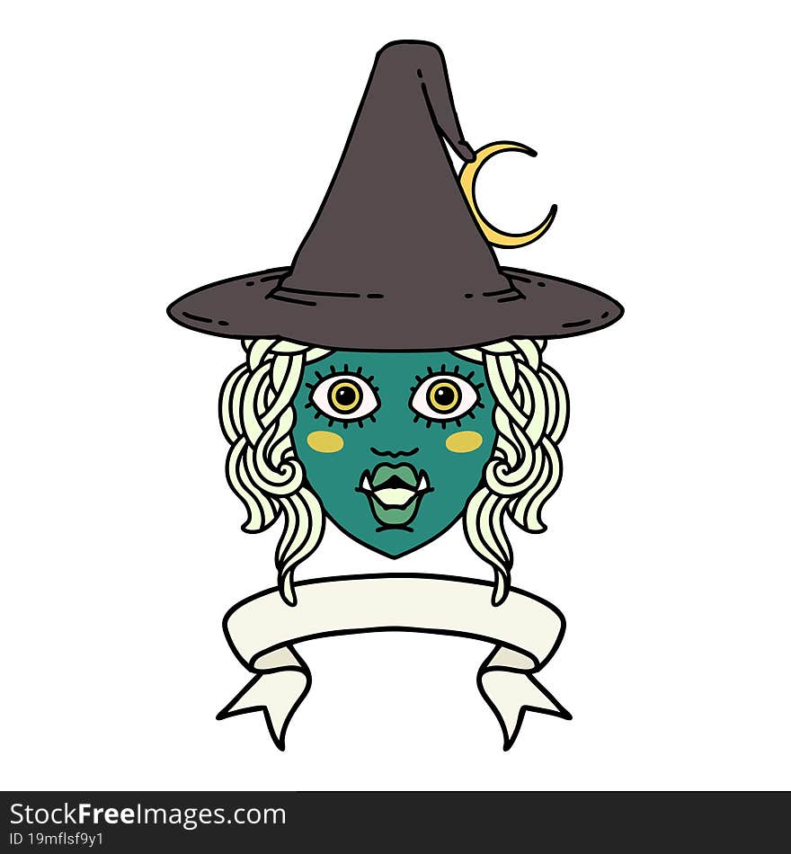 half orc witch character face with banner illustration