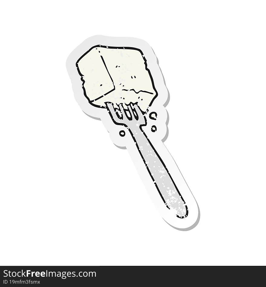 retro distressed sticker of a cartoon tofu on fork