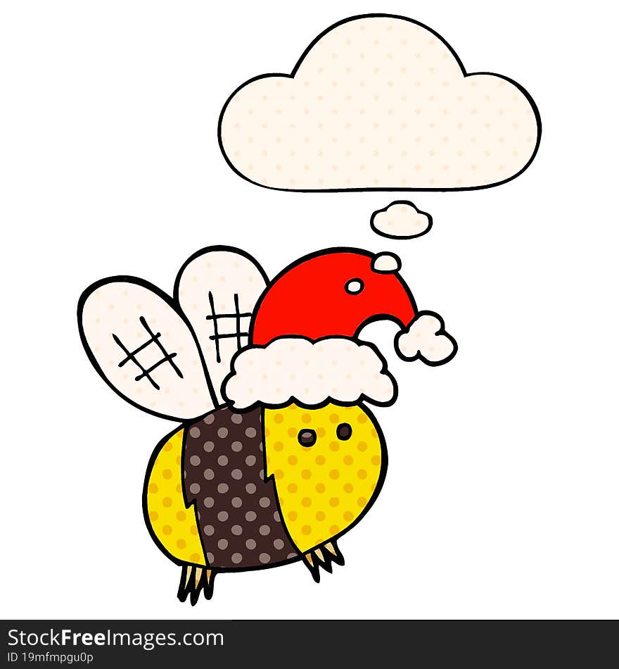 cute cartoon bee wearing christmas hat with thought bubble in comic book style