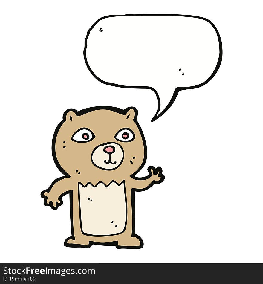 cartoon waving teddy bear with speech bubble