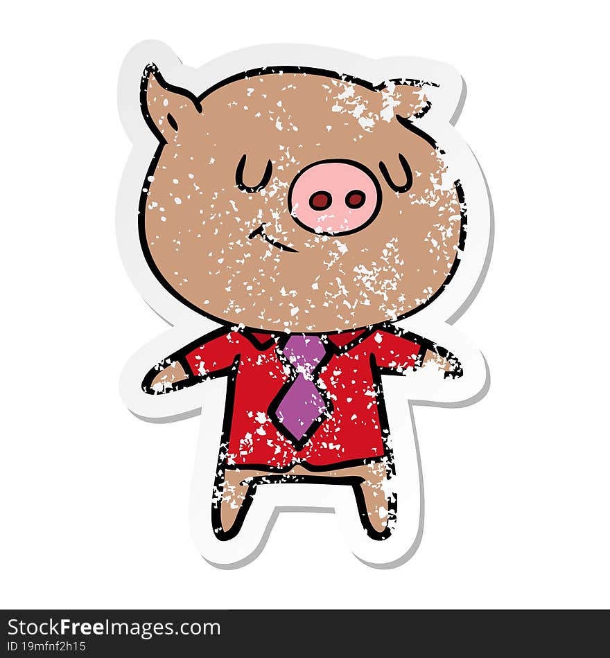 Distressed Sticker Of A Happy Cartoon Smart Pig