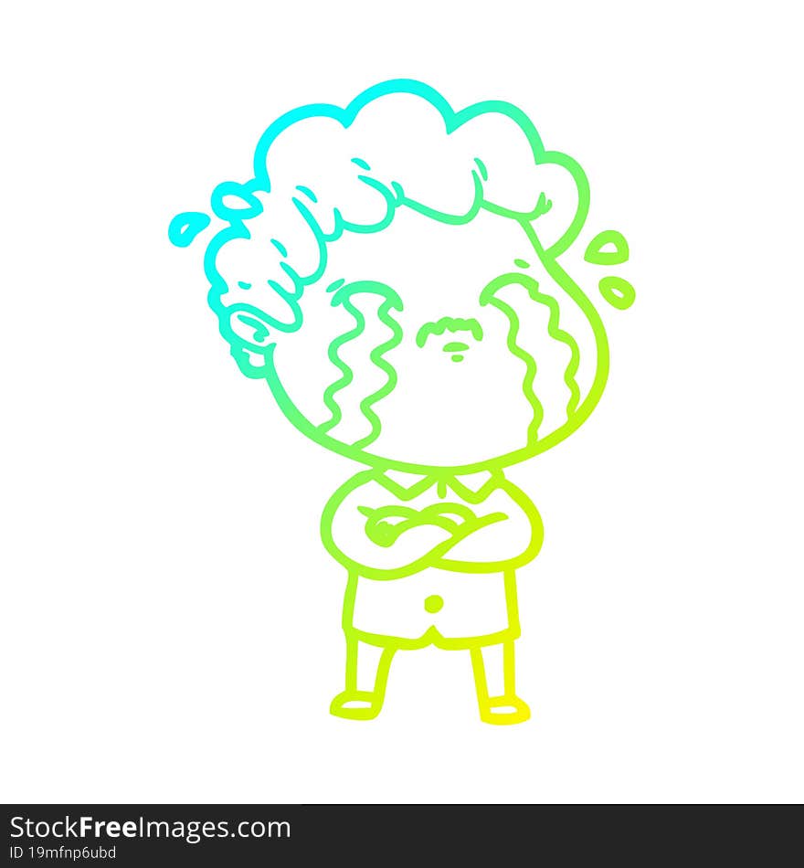 cold gradient line drawing of a cartoon man crying