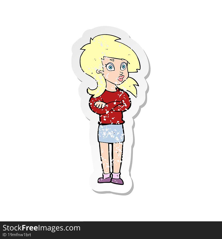 retro distressed sticker of a cartoon woman with folded arms