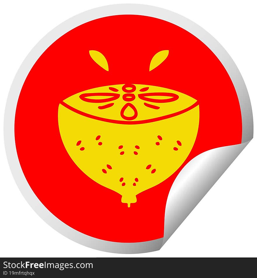 quirky circular peeling sticker cartoon lemon