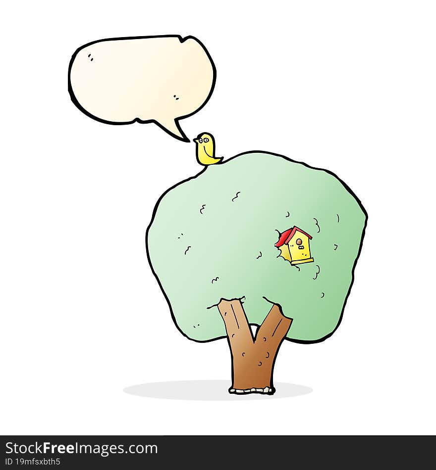 cartoon tree with birdhouse with speech bubble