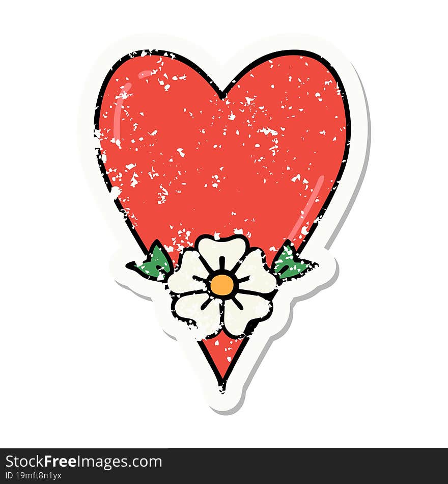 traditional distressed sticker tattoo of a heart and flower