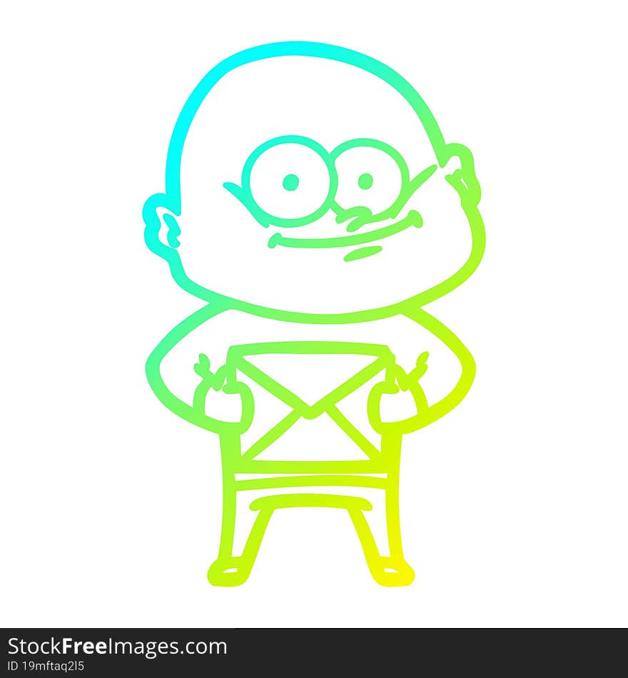 cold gradient line drawing cartoon bald man staring with letter