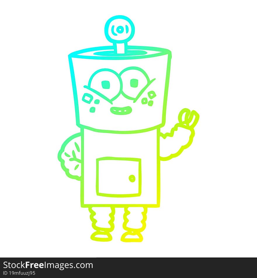 cold gradient line drawing happy cartoon robot waving hello