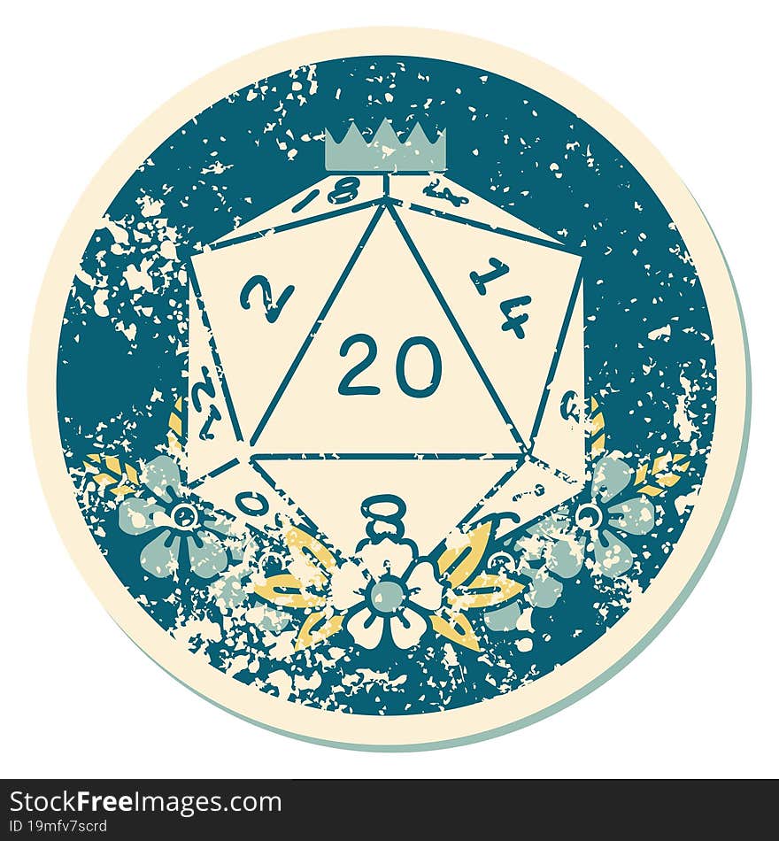 iconic distressed sticker tattoo style image of a d20. iconic distressed sticker tattoo style image of a d20