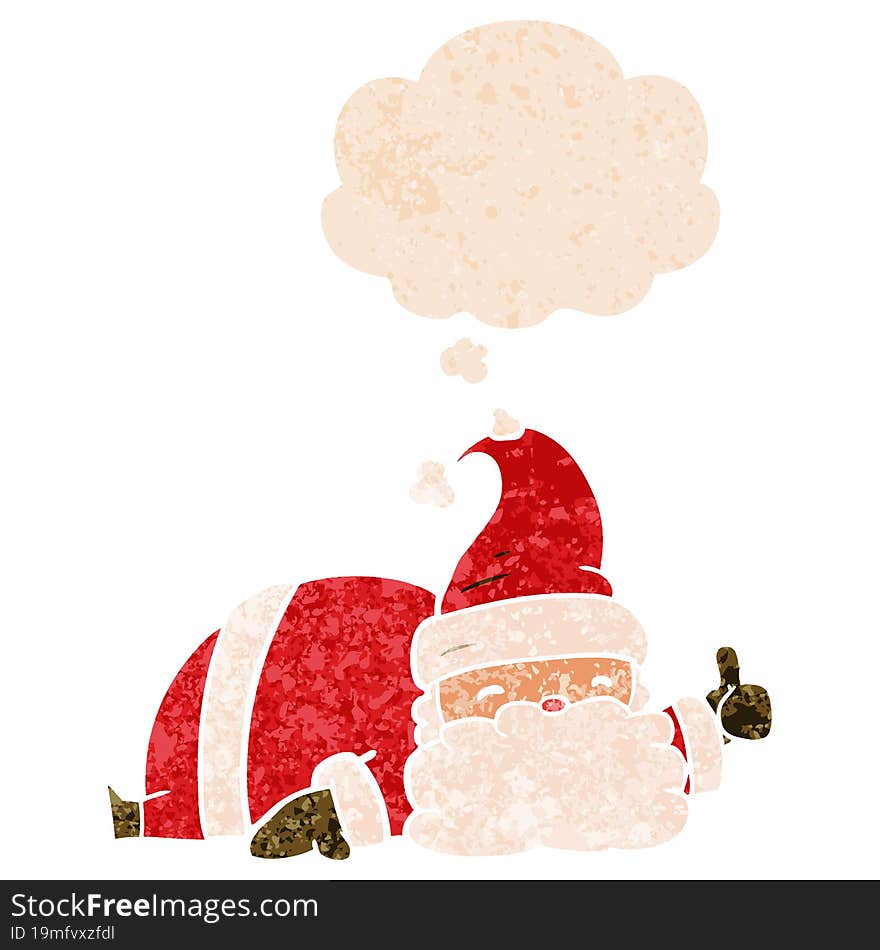 cartoon sleepy santa and thought bubble in retro textured style