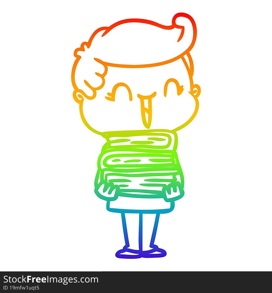 rainbow gradient line drawing cartoon laughing boy carrying books