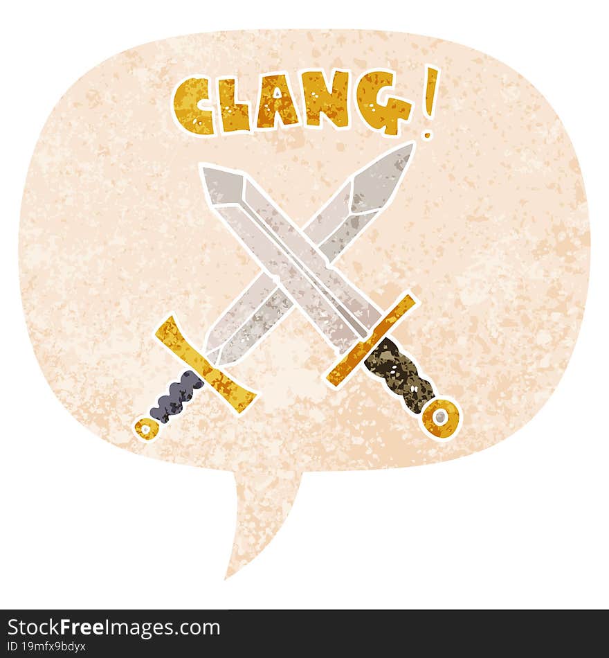 cartoon sword fight and speech bubble in retro textured style