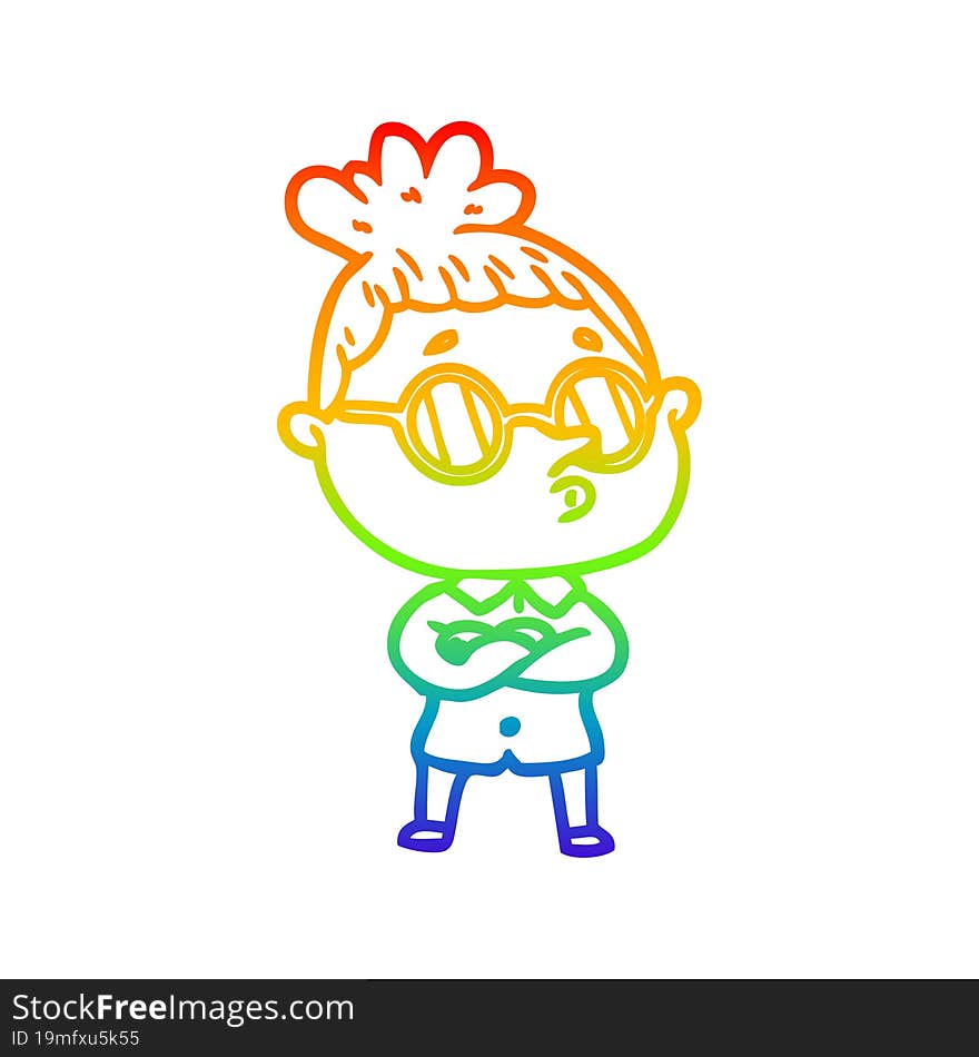 rainbow gradient line drawing cartoon woman wearing glasses