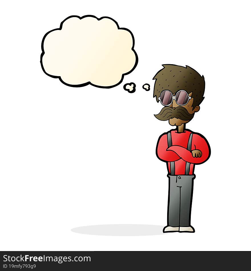 cartoon hipster man with mustache and spectacles with thought bubble