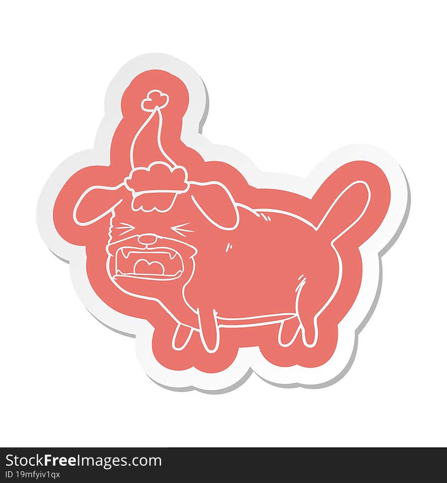 cartoon  sticker of a dog barking wearing santa hat