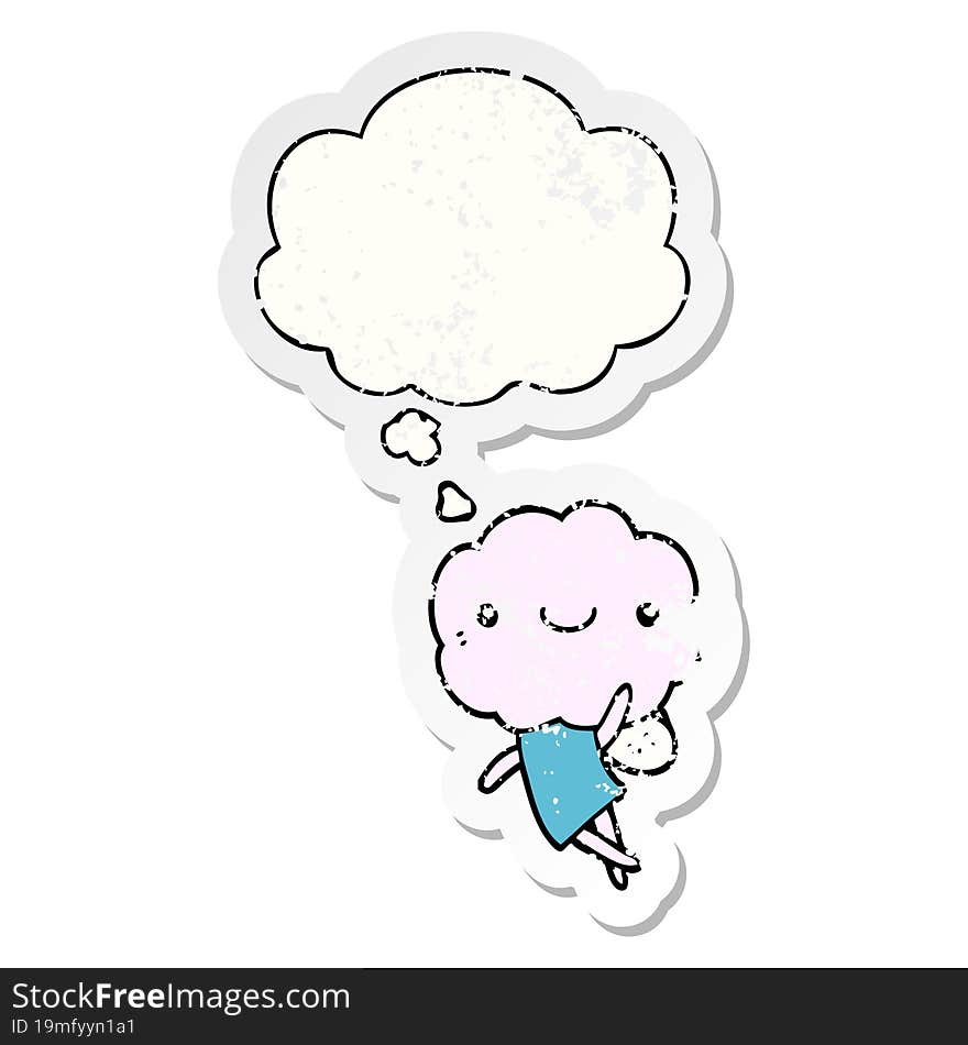 cute cloud head creature and thought bubble as a distressed worn sticker