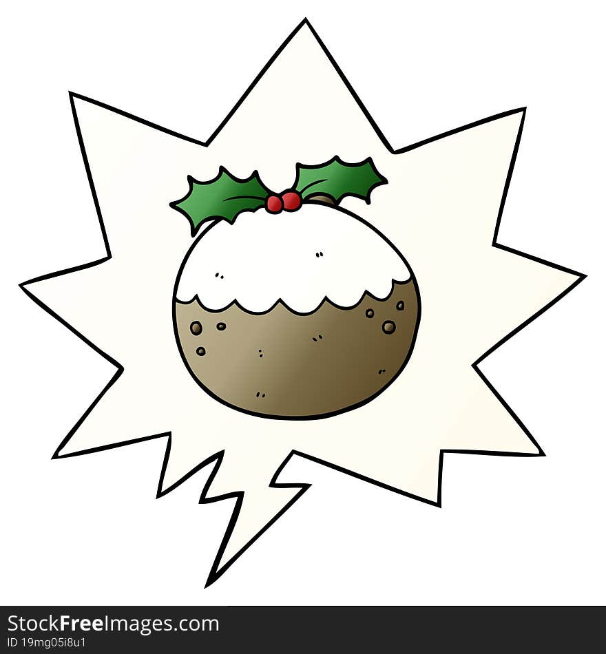 cartoon christmas pudding and speech bubble in smooth gradient style