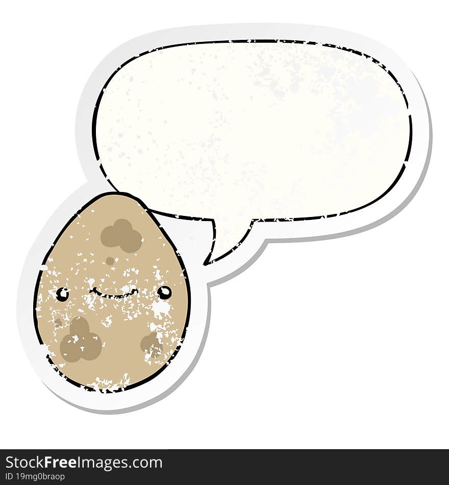 cartoon egg with speech bubble distressed distressed old sticker. cartoon egg with speech bubble distressed distressed old sticker