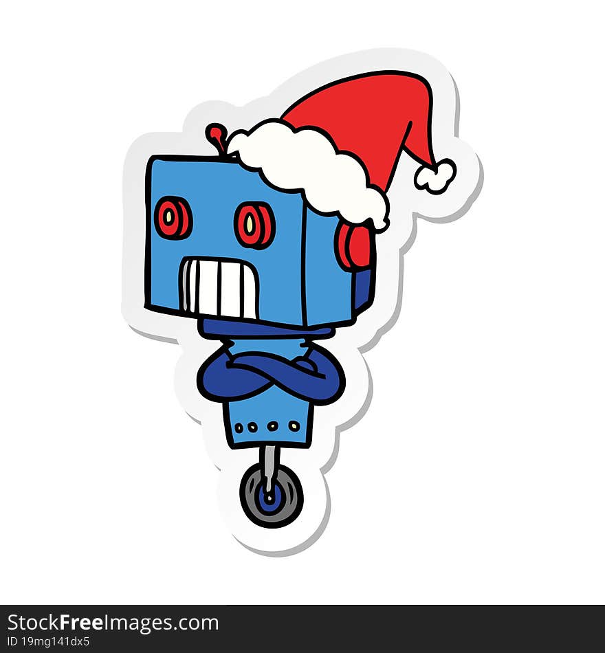 sticker cartoon of a robot wearing santa hat