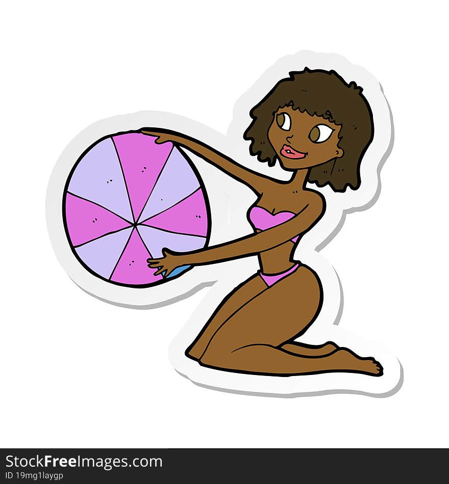 sticker of a cartoon bikini girl with beach ball