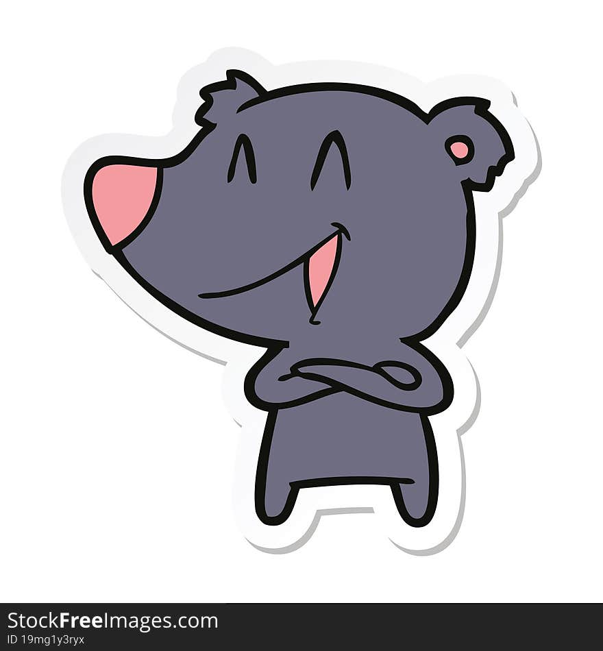 sticker of a laughing bear with crossed arms cartoon