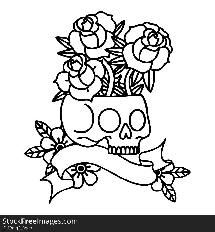 Black Linework Tattoo With Banner Of A Skull And Roses