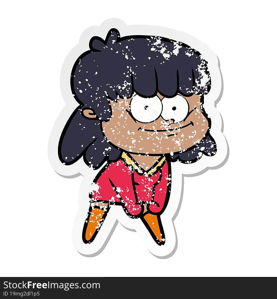 distressed sticker of a cartoon smiling woman