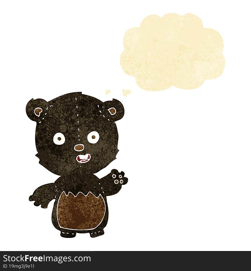 cartoon waving black bear cub with thought bubble