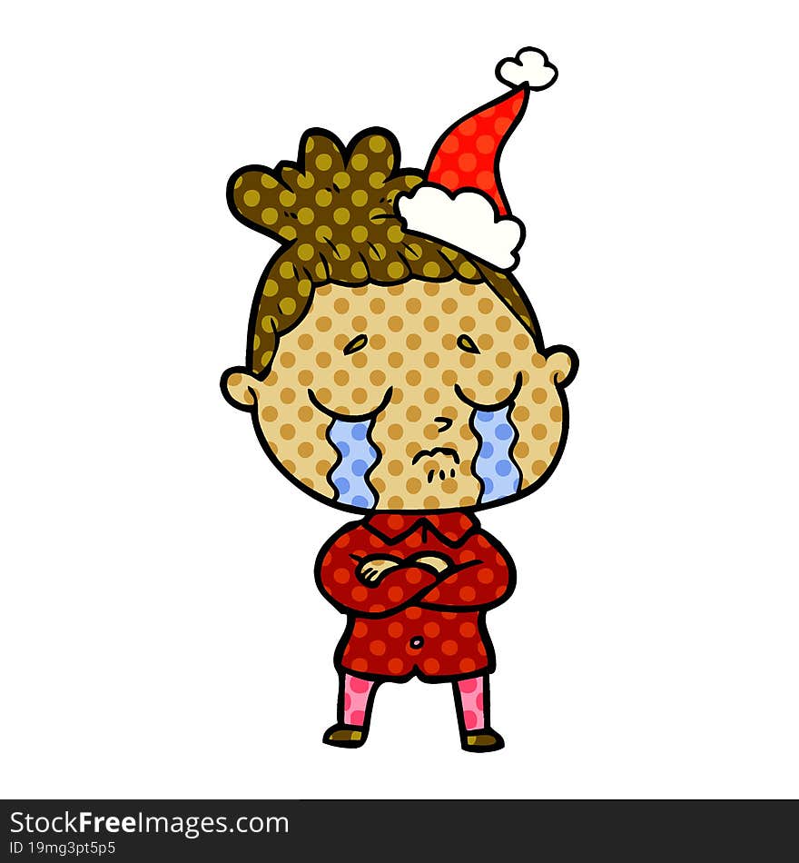 comic book style illustration of a crying woman wearing santa hat