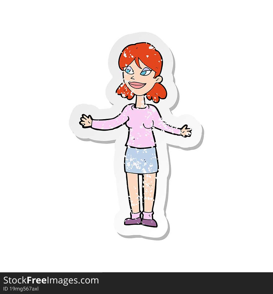 retro distressed sticker of a cartoon happy woman shruggin shoulders