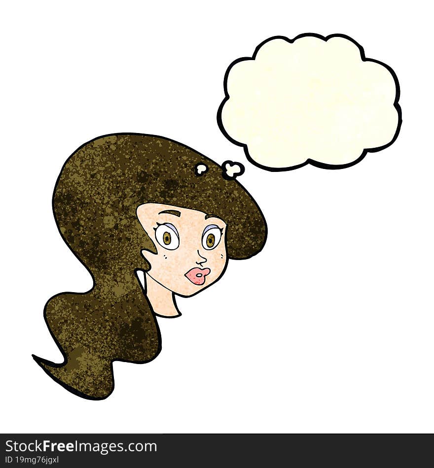 cartoon pretty female face with thought bubble